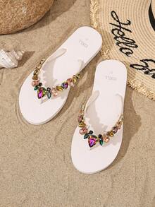 OXLL Women's New Flat Colorful Rhinestone Fashion Flip Flops, Non-Slip Outdoor Beach Sandals - White - View 6