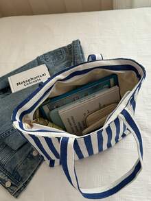 New Striped Tote Bag, Large Capacity Cute Girl Shoulder Canvas Handbag, Portable Mini Style, Canvas Material, Striped, Printed Decoration - Blue - View 7