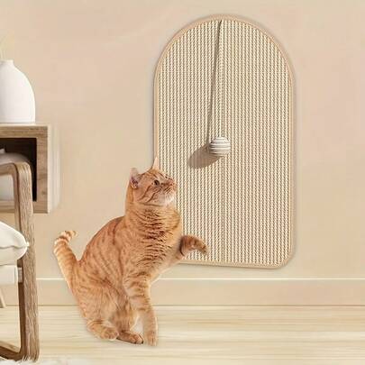 1pc Sturdy Cat Scratching Pad With Hanging Ball - Beige Scratching Surface, Base - Space-Saving Vertical Design For Indoor Cats - Protects Furniture From Sofa, Chair, Door Scratches - Ideal Cat Scratching, Resting And Playing Gift - With Hanging Accessories (No Shedding, Durable)