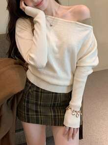 Autumn New Slouchy Premium Asymmetrical Shoulder Pullover Sweater Loose Asymmetrical Shoulder Knit Top White - White - View 6