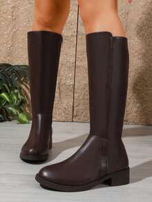 Women's New Flat Tall Boots Round Toe Low Heel Riding Boots With Back Zipper - Brown - View 4