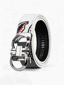 47 Inch Men's PU Artificial Leather Automatic Buckle Belt, Shark Mouth Graffiti Print Belt - Multicolor - View 4