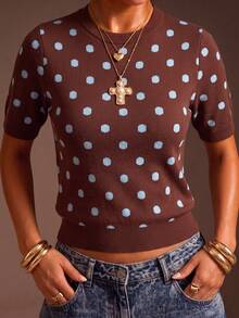 Women's Minimalist Elegant Commute Street Polka Dot Color Block Knit Pullover Short Sleeve Top - Brown - View 1