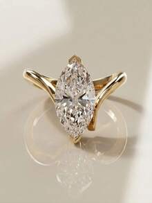 1pc 18K Gold 2ct Luxury Marquise Gemstone Ring, Gold Ring, Double Claw Half-Bezel Set Gemstone Ring, Exquisite Holiday Party Gift For Women - Yellow Gold - View 6