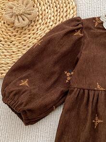Vintage Style Girls Dress Autumn New Long Sleeve Corduroy Embroidered Lace Trim Collar Princess Dress - Brown - View 5