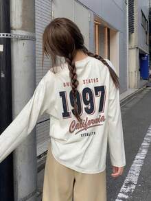 Kaos Lengan Panjang Wanita Gaya Vintage Longgar Serbaguna dengan Motif Cetak Huruf, Model Kasual untuk Musim Semi dan Gugur. - Abu-abu muda - View 5