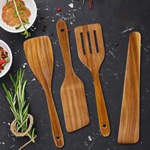 COOKDEVI 4pcs Wooden Non-Stick Cookware Set, Natural Kitchen Utensils Spatula, Wooden Cooking Utensils Spoon, Frying Pan Spatula - Wood Color - View 1