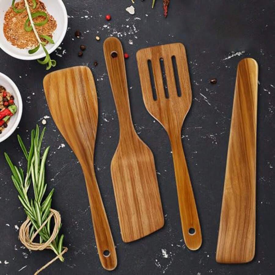 COOKDEVI 4pcs Wooden Non-Stick Cookware Set, Natural Kitchen Utensils Spatula, Wooden Cooking Utensils Spoon, Frying Pan Spatula - Wood Color - View 1