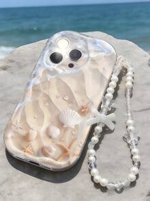 1pc Cream Dopamine Wavy Ruffle Soft TPU Texture Creative Personalized Beach Shell Pattern Phone Case DIY Bowknot Beaded Wrist Strap Suitable For Galaxy S21 S22 S23 S24 S25 S26/Honor/ And Other Models - Clear - View 6