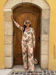 Vacation Casual Floral Print Collared Shirt And Pants Set Spring Elegant - Orange - View 12