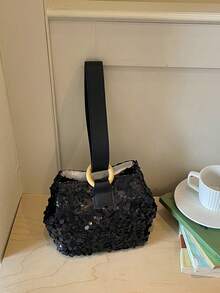 Dedoo 亮片水桶包，柔軟休閒手提包，全覆蓋馬卡龍色亮片，可愛仙女風時尚女包，適合日常、花園、婚禮場合 - 黑色 - 查看 5