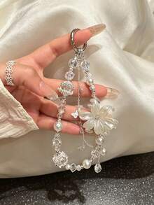 1pc White Lily Pearl Beaded Keychain With Crystal Butterfly Pendant, Delicate Handbag Charm For Girls - Multicolor - View 1