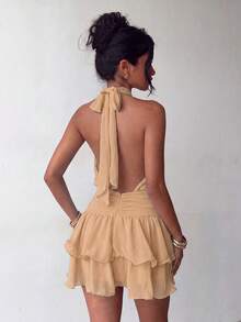 Elegant Fashion Halter Neck Backless Layered Ruffle Mini Dress Wedding - Khaki - View 9