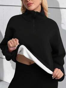 Women's Half-Zip Fleece Sweatshirt Solid Color Long Sleeve Pullover - Black - View 5