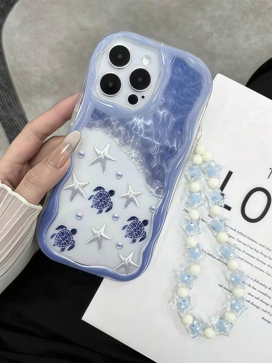 Cream Dopamine Wavy Ruffle Soft TPU Texture Creative Personalized Turtle Pattern Phone Case With DIY Star Wrist Strap Compatible With Galaxy S21 S22 S23 S24 S25 S26/Honor/ And Other Models - Clear - View 1