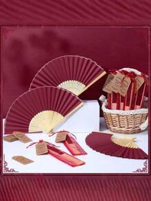 3/15/30pcs/Set Elegant White Fan Set, Including Thank You Tags And Gift Bags, Bridal Bamboo Handheld Folding Fan, Single Party Wedding Bride Shower Decorations, Bridesmaid Bamboo Handheld Folding Fans, Single Party Photo Props,Bridesmaids Gifts - Red - View 5