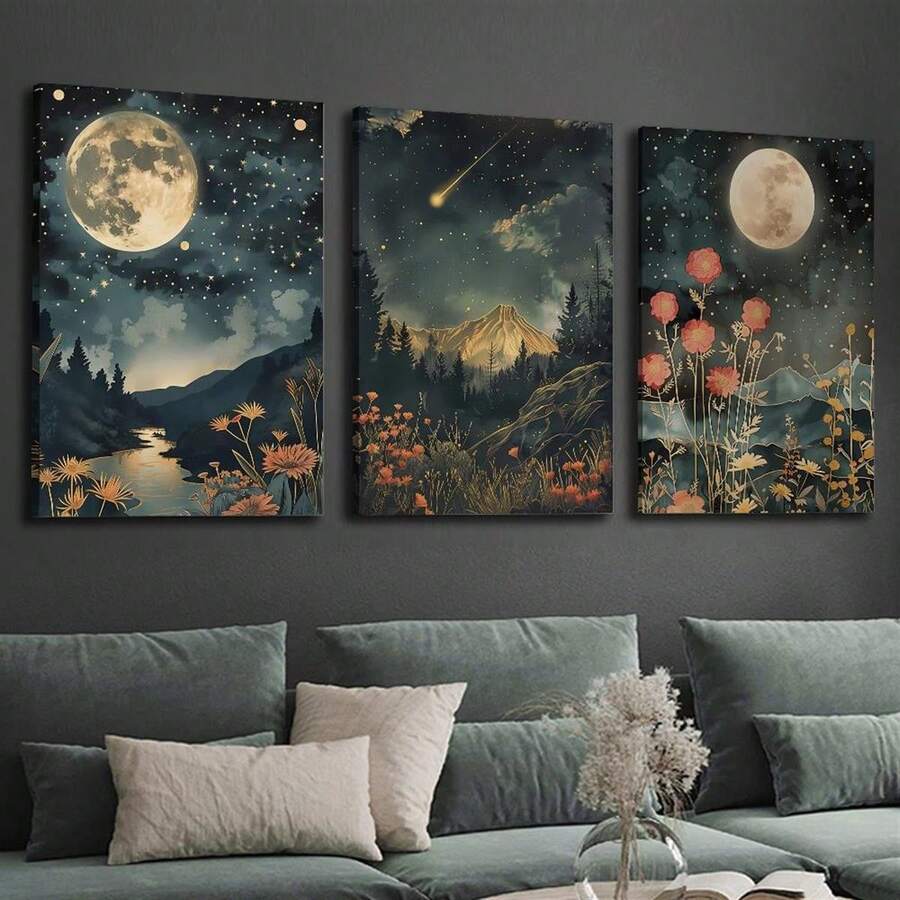 3pcs Unframe Canvas Print Decorative Painting, Botanical Floral Plants, Mystical Style, Moon, Wildflowers, Mountains, Streams, Retro Celestial Art, Indoor Home Wall Decoration Art - A - View 1
