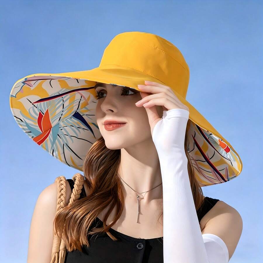 1pc Large Brim Leaf Pattern Bucket Hat, Sun Protection Hat For Shopping, Cool Summer Sun Hat For Women, Fashionable Sun Hat With Wide Brim, Spring/Summer Essential, Printed Versatile Sun Hat