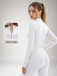 NcmRyu Women's 1pc Metal Zipper Small Stand Collar Thumb Hole Long Sleeve Slim Fit Sports Jacket - White - View 11