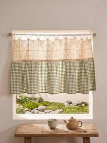 1/2pcs Green & White Plaid Patchwork Beige Hollow Woven Half Curtain, Fresh Country Style, Rectangular Top Hollow Lace & Bottom Scalloped Edge Detail, Shading & Decorative Function, Suitable For Kitchen Windows & Fresh Home Decor - Green - View 4