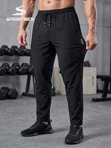1pc Light Gray Men's Sports Pants, Cool & Comfortable Drawstring Elastic Waist Casual Cropped Pants, Polyester Material, Lightweight & Breathable Summer Pants, Casual Sports Style, Machine Washable, Summer Boyfriend Style, Suitable For Commuting, Running, Fitness, Essential Men's Long Pants - Black - View 4