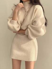 Cream White Ribbed Knit 2 Pieces Set, Cropped Drop Shoulder Long Sleeve Cover Up, High Elastic Slim Fit Tank Top And Mini Skirt Knit Set - Apricot - View 9