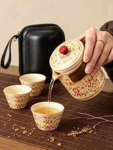 1 Set Perlengkapan Teh Keramik Portabel untuk Perjalanan, Teko Teh Gaya Cina Motif Bunga Klasik dengan 3 Cangkir Teh, Termasuk Tas Penyimpanan Tahan Air dengan Resleting, Perlengkapan Teh Seduh Cepat dengan Isolasi Panas, Peralatan Minum Serbaguna, Cocok untuk Berkemah, Rumah, Kantor, Hadiah Liburan - MultiWarna - View 1