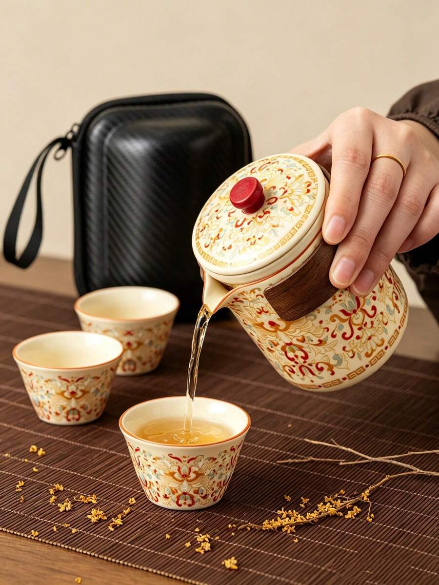1 Set Perlengkapan Teh Keramik Portabel untuk Perjalanan, Teko Teh Gaya Cina Motif Bunga Klasik dengan 3 Cangkir Teh, Termasuk Tas Penyimpanan Tahan Air dengan Resleting, Perlengkapan Teh Seduh Cepat dengan Isolasi Panas, Peralatan Minum Serbaguna, Cocok untuk Berkemah, Rumah, Kantor, Hadiah Liburan - MultiWarna - View 1