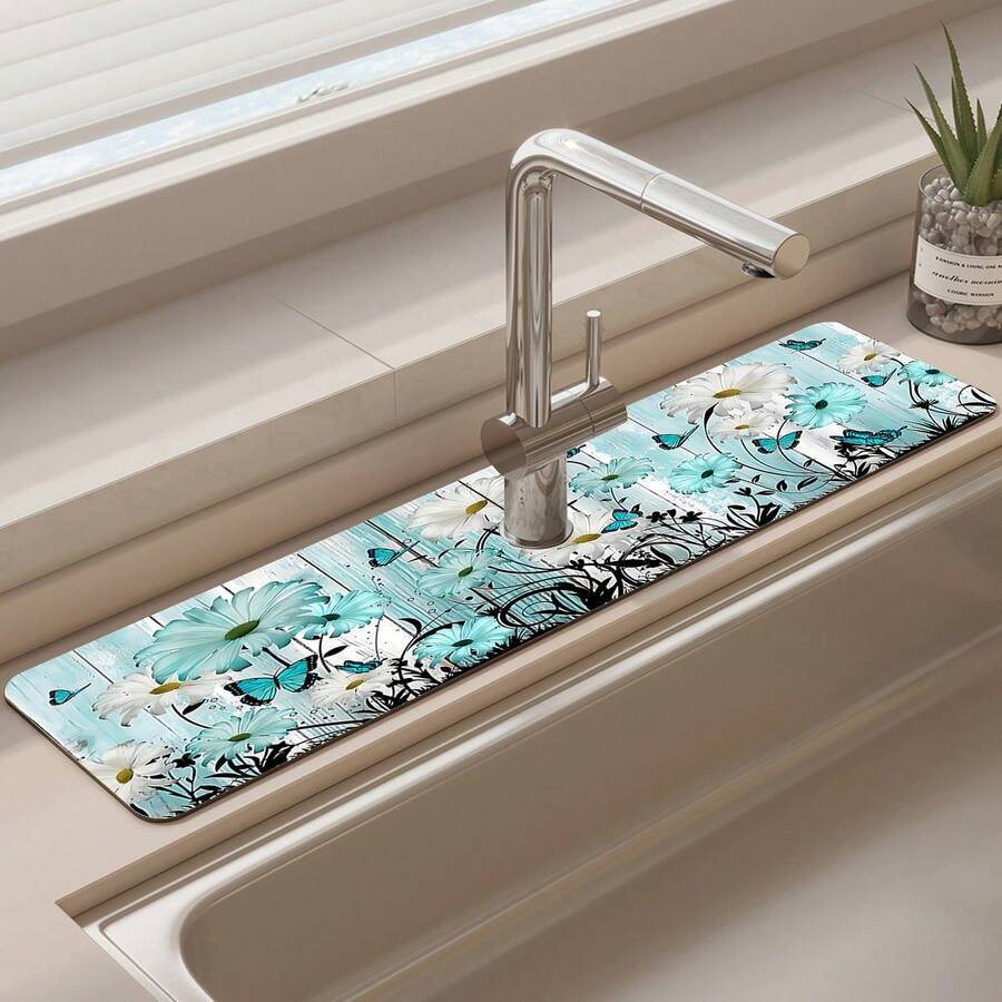 1pc Vintage Wooden Board Blue Floral Pattern, Anti-Slip Faucet Drain Mat, Bathroom Faucet Splash Guard, Mud Guard, Moisture-Proof Anti-Slip Faucet Mat, Kitchen Countertop Accessory. Protect Your Kitchen Countertop. - Multicolor - View 1