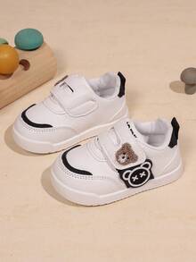 Cute Plush Bear Hook & Loop Baby Walking Shoes, Soft Sole Anti-Slip Closed Toe White Sneakers, Breathable Lightweight Functional Board Shoes For Toddlers, Spring/Autumn, Unisex - Black - View 2