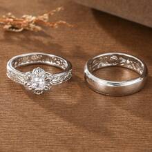 Silver Elegant Women's 2 Pieces Ring Set, Creative Flower & Plain Band Design, Vintage Carved Hand Jewelry, Fashionable Versatile Style Suitable For Wedding, Vacation, Holiday Wear - Silver - View 5