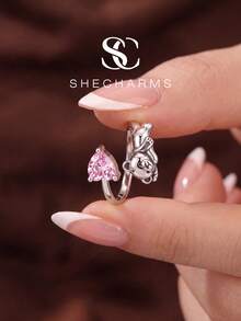 1件時尚925純銀水鑽愛心熊開口戒指，女款日常配戴派對飾品，精緻珠寶禮物 - 銀色 - 查看 4