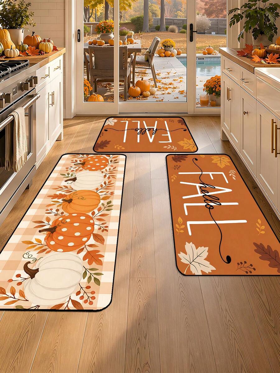 1/16Pcs Hello Fall Theme Doormat, Thanksgiving Door Mat, Printed With Pumpkin And Maple Leaf Pattern With Orange And White Plaid, Autumn Harvest Festival Decorative Mat, Welcome Kitchen Rug, Dirt-Resistant Floor Mat, Autumn Party Decoration - Multicolor - View 1