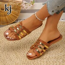 Women's Summer Hollow Metal Strap Flat Slip-On Square Toe Casual Outdoor Beach Sandals - Gold - View 7