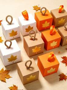 10pcs Autumn Maple Leaf Gift Boxes With Rope Or Ribbon Handle, Paper Favor Boxes For Thanksgiving, Harvest Festival, Friendsgiving, Wedding, Baby Shower, Birthday Party, Small Gift Packaging, Easy To Assemble - 5.5X5.5X5.5cm - View 3