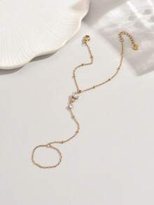 1PC Women's Gold Stainless Steel Round Rhinestone Beaded Finger Chain Hand Back Jewelry Fashion 18K Gold Plated - Gold - View 4