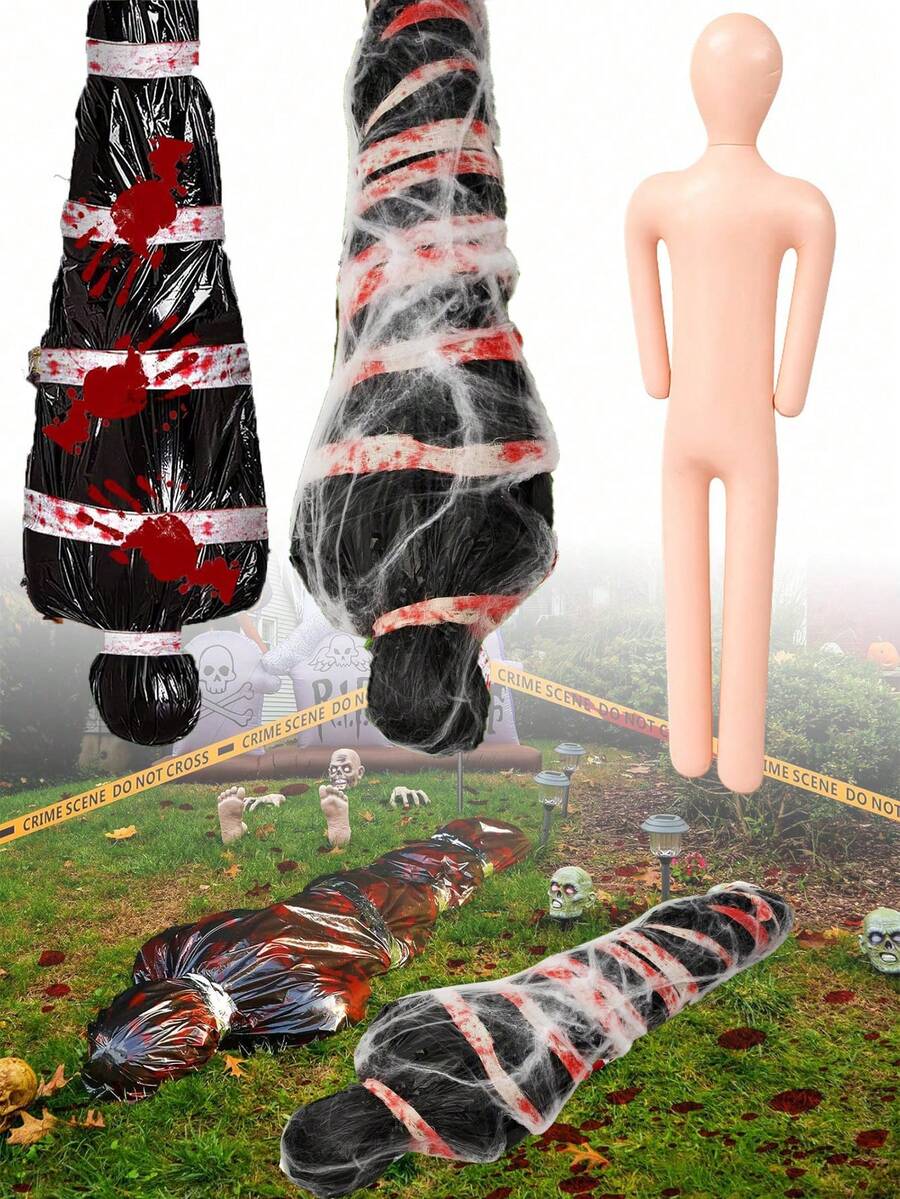 5pcs Realistic Zombie Decor, 60 Inch Inflatable Corpse Model With Hanging Device, Includes 1 Humanoid Doll, 1 Shroud, 1 Tape And 1 Pack Of Spider Web, Suitable For Halloween Party, Holiday Decoration, Crime Scene - PVC Horror Prop - Horror Hanging Corpse - View 1