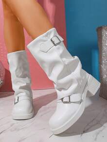 Women's Tall Boots, Solid Color Versatile Buckle Decor, Comfortable Fashion All-Season Long Boots - White - View 1