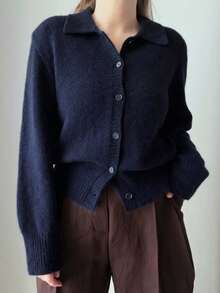 Kardigan Rajut Wanita Musim Gugur/Dingin Vintage Biru Navy Kerah Lipat Desain Kancing Tunggal Efek Melangsing Serbaguna Jaket Sweater - Navy Blue - View 2