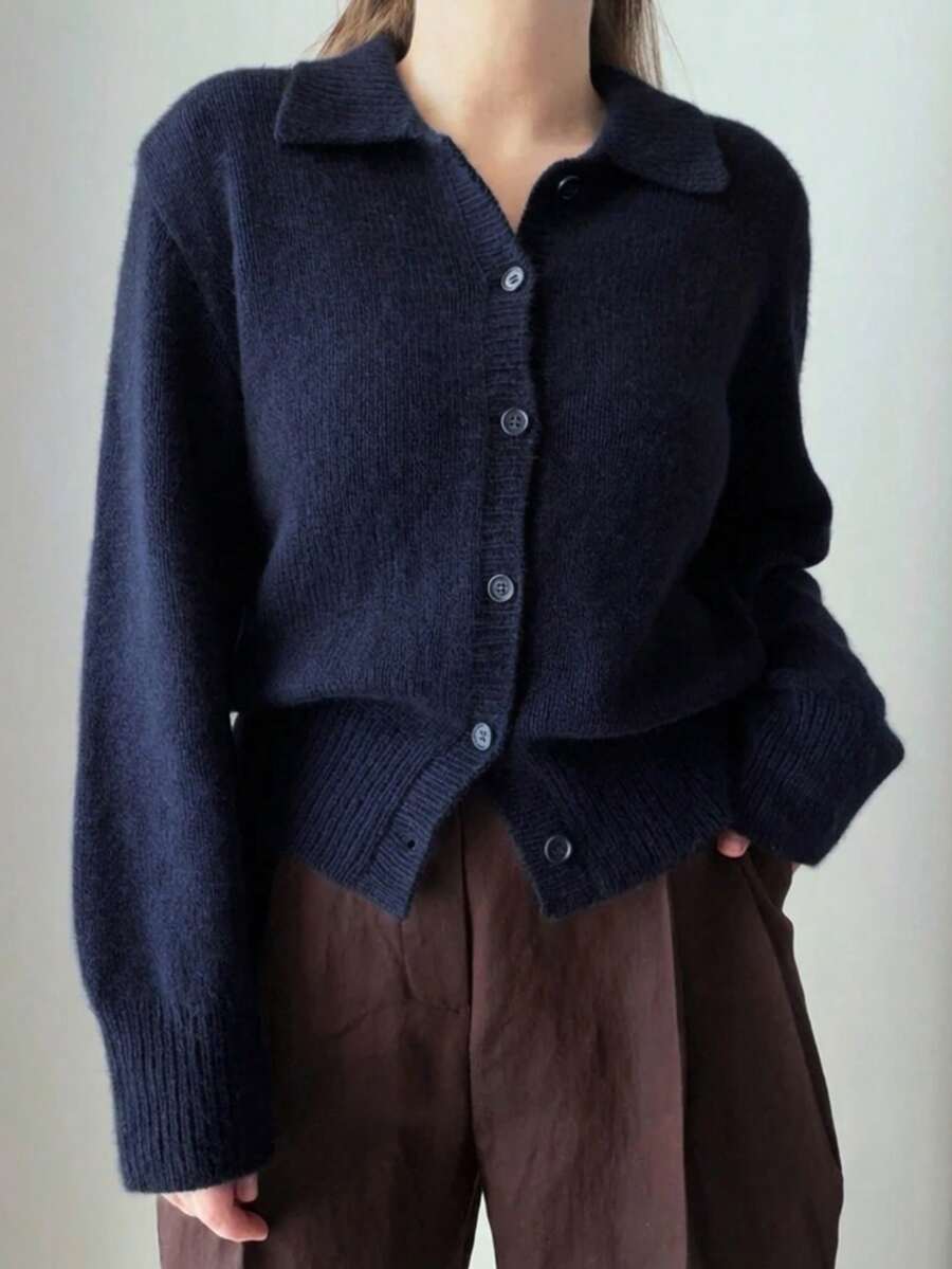 女款秋冬復古深藍色翻領針織開襟衫單排扣設計修身百搭毛衣外套 - 藏蓝色 - 查看 1