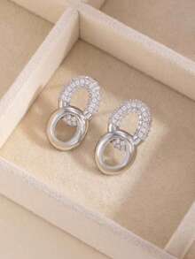 Light Luxury Double Ring Rhinestone Earrings, High-End Geometric Hollow Stud Earrings, Versatile Commuter Style Elegant Ear Jewelry For Women - Double Hoop Earrings - View 5