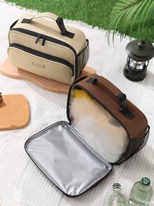 1PC Large Capacity Insulated Lunch Bag, Polyester Waterproof And Leakproof Soft Adult Lunch Portable Cooler Box With Zipper, Creative Side Opening, Top Single Handle Strap, Square Rectangular Lunch Box Bag - Multicolor - View 2