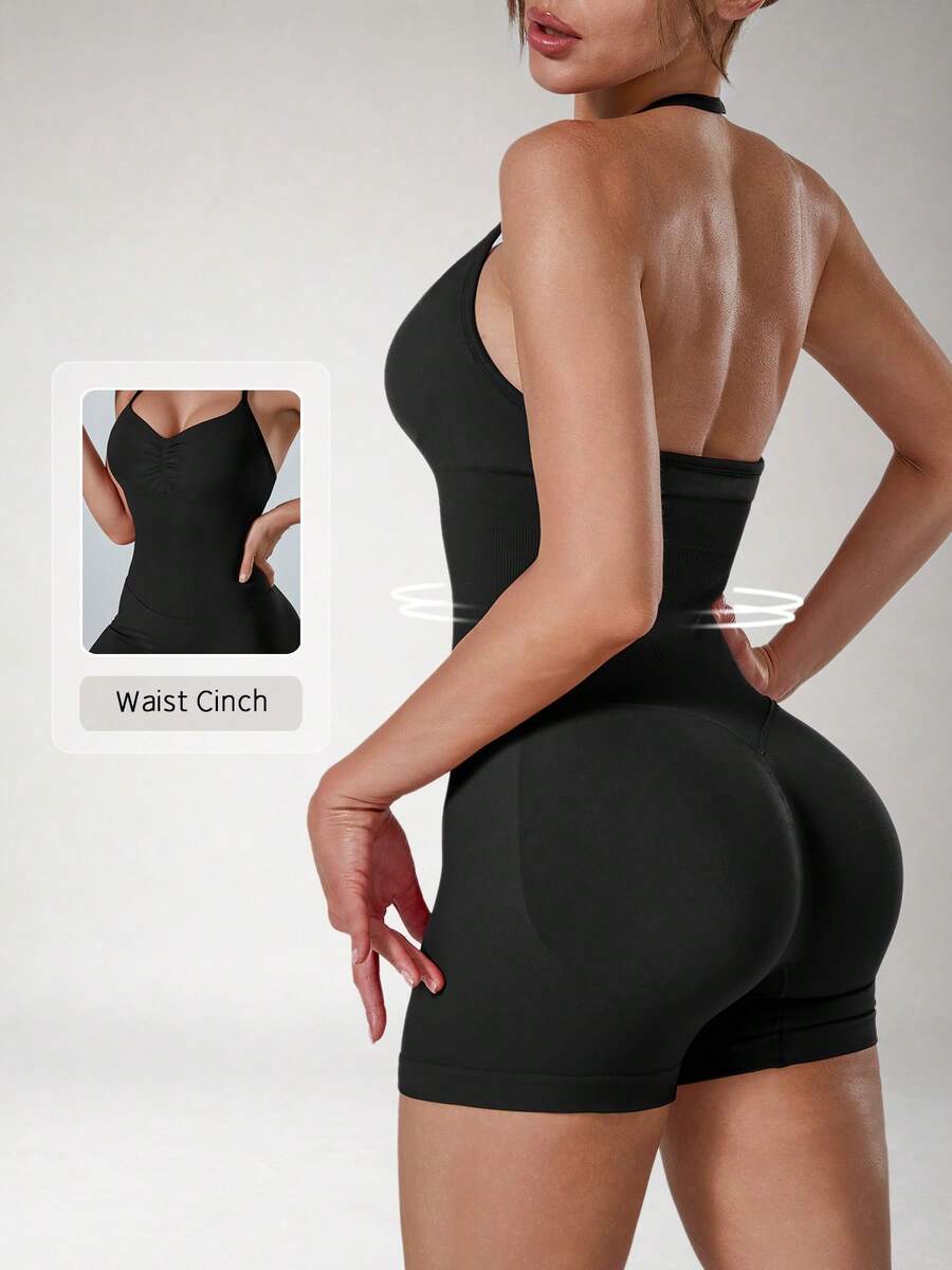 NcmRyu 1pc Women's Solid Color Halter V-Neck Adjustable Strap Pleated Front Backless Sports Romper, Workout - Black - View 1