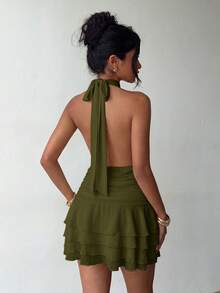 Elegant Halter Neck Backless Mini Dress With Layered Ruffle Hem, Suitable For Summer Parties, Beach Vacations, Daily Outings, Holidays And Graduation Ceremonies - Army Green - View 2