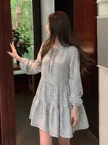Gaun Musim Semi/Panas Terbaru, Sederhana, Kasual, Longgar, Motif Bunga, Lengan Panjang, Putih, Elegan untuk Liburan - Putih - View 6