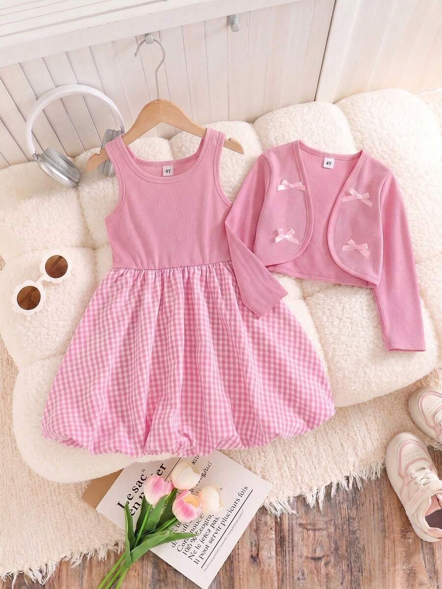 Girls' Spring/Autumn Casual Cute Bow Pink Long Sleeve Jacket With Pink Tank Top And Plaid Patchwork Dress 2 Pieces Set - Pink - View 1