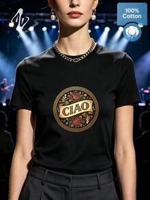 Hello Retro Exquisite Elegant Baroque Mysterious Pure Cotton CIAO Italian Vintage Round Frame Rose Print Women's Short Sleeve Party Gathering Spring - 黑色 - 查看 1