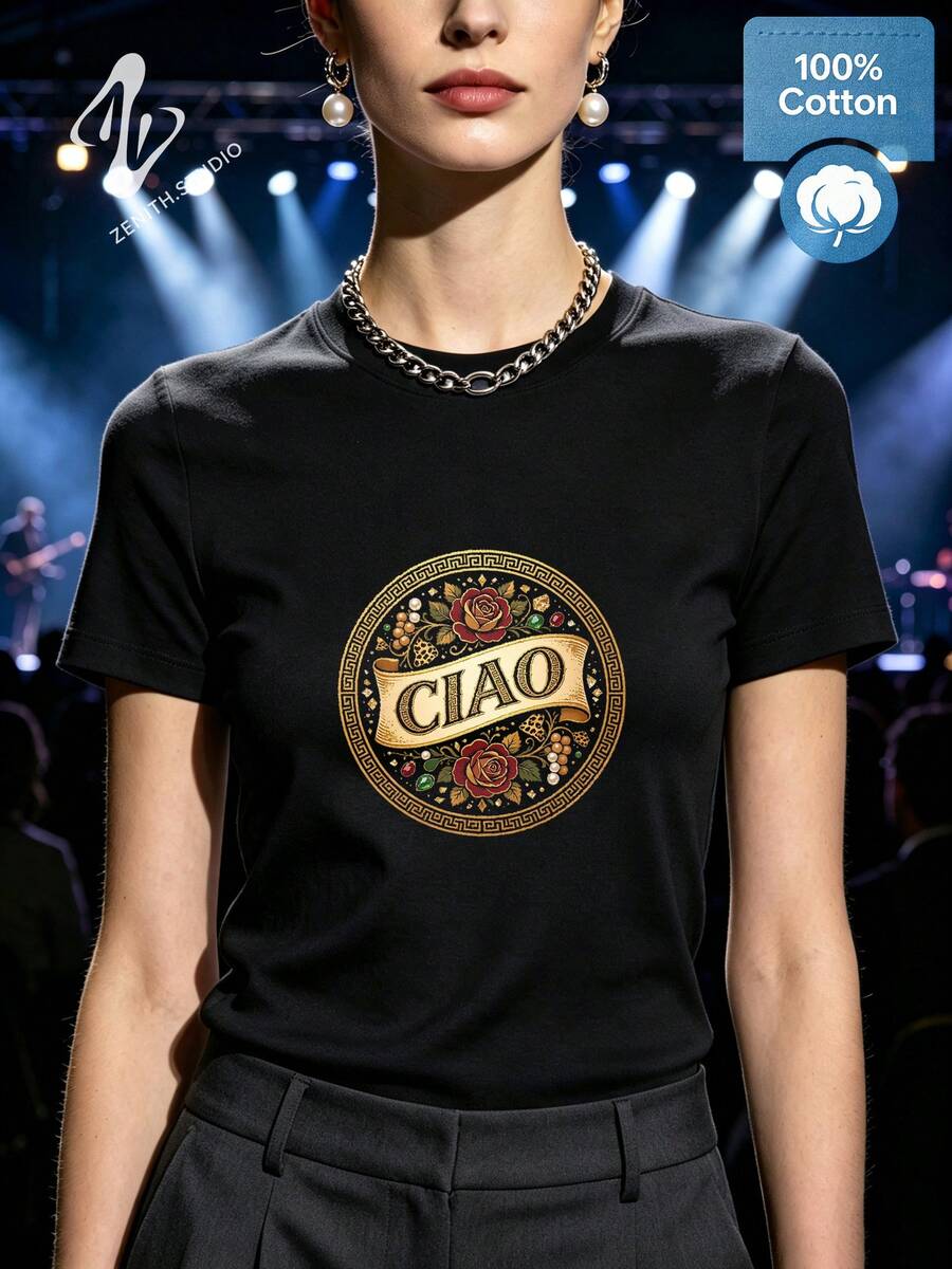 Hello Retro Exquisite Elegant Baroque Mysterious Pure Cotton CIAO Italian Vintage Round Frame Rose Print Women's Short Sleeve Party Gathering Spring - 黑色 - 查看 1
