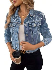 SS-Sunrise Fashion Women's Stunning Long Sleeve Button Front Pearl Rivet Denim Jacket, Regular Length Non-Stretch Collar Jacket, Suitable For Autumn/Winter Wear - Blue - View 6