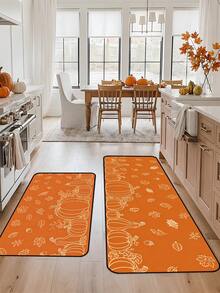 1/16pcs Autumn Theme Doormat/Thanksgiving Door Mat, Orange Background With Pumpkin And Maple Leaf Pattern, Autumn Harvest Season Decorative Mat, Welcome Mat/Kitchen Rug, Stain-Resistant Doormat, Autumn Party Decoration - Multicolor - View 5